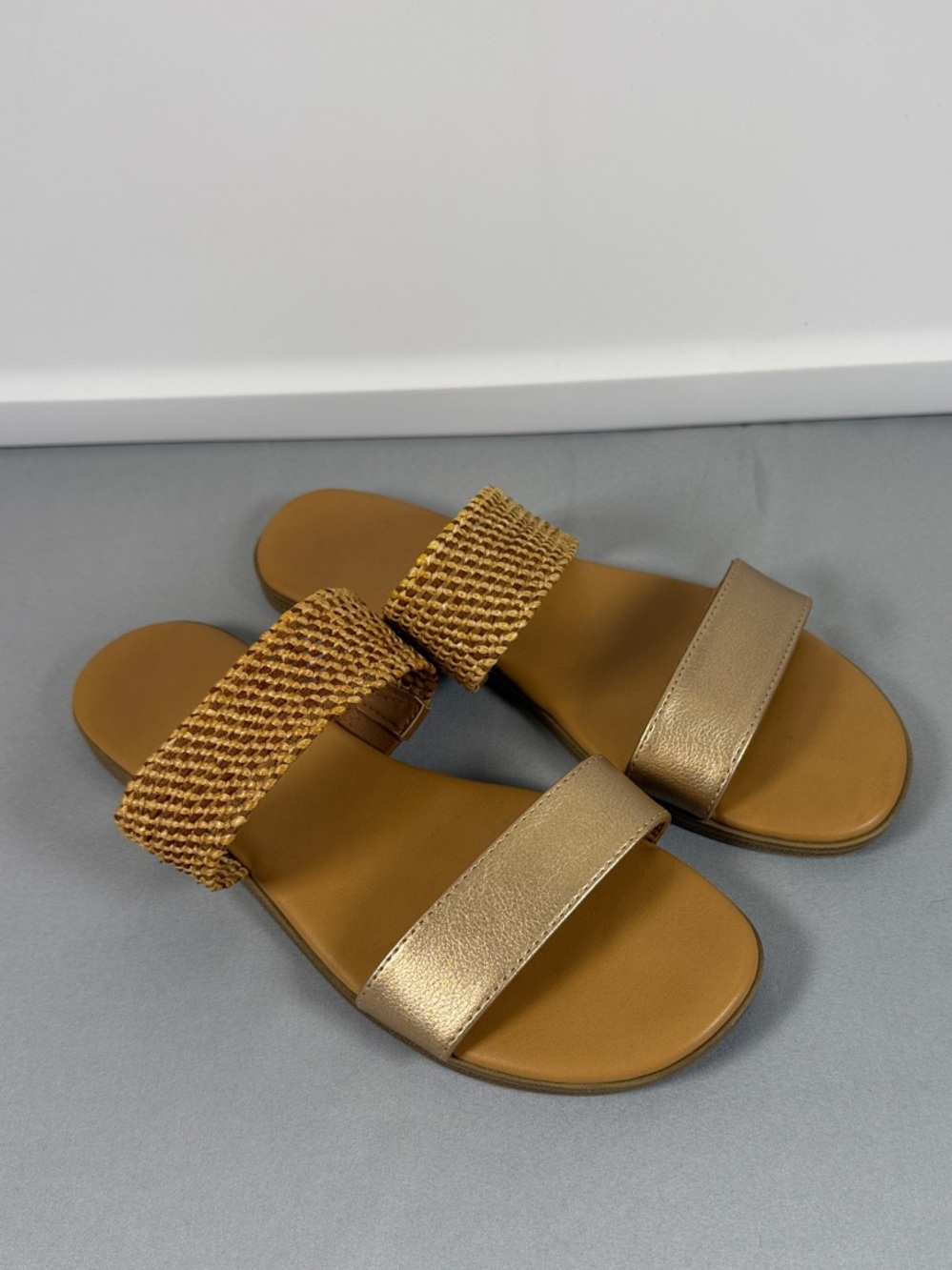 LC Lauren Conrad Metallic Gold and Tan Two‑Band Slide Sandals